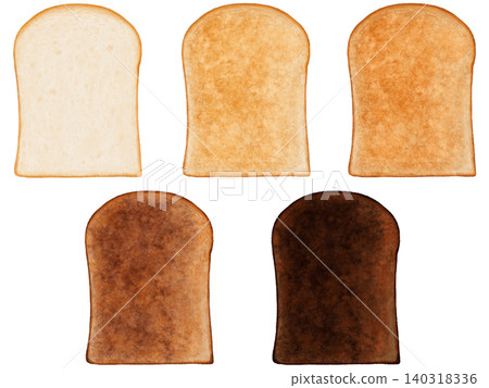 Watercolor illustrations of slices of bread, depicting various levels of toasting. Watercolor illustrations of slices of bread, depicting various levels of toasting. 140318336