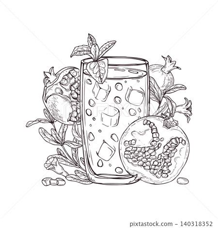 Pomegranate juice drink in glass with ice cube and mint leaf vector isolated illustration. Hand drawn fresh fruit cocktail graphic sketch. Natural beverage for summer menu, healthy food design. Pomegranate juice drink in glass with ice cube and mint leaf vector isolated illustration. Hand drawn fresh fruit cocktail graphic sketch. Natural beverage for summer menu, healthy food design. 140318352