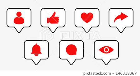 Social media notification icon set illustration with profile, like, heart, share, bell, comment and view symbols in speech bubbles for app interface, online content, message and digital design Social media notification icon set illustration with profile, like, heart, share, bell, comment and view symbols in speech bubbles for app interface, online content, message and digital design 140318367