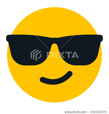 Cool smiley face with sunglasses illustration, yellow happy reaction icon with black shades and confident smile, social media expression symbol for chat, app, sticker and digital design Cool smiley face with sunglasses illustration, yellow happy reaction icon with black shades and confident smile, social media expression symbol for chat, app, sticker and digital design 140318379