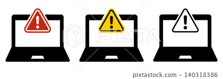Laptop warning alert icon set illustration with caution triangle symbols on computer screens, cyber risk notice concept for security error, system problem, digital safety and technology design Laptop warning alert icon set illustration with caution triangle symbols on computer screens, cyber risk notice concept for security error, system problem, digital safety and technology design 140318386