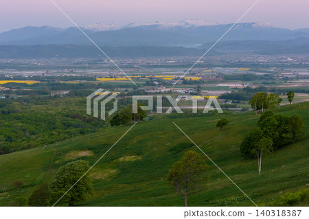 A view of the rapeseed fields and Mount Shokanbetsu from the Maruka Plateau Observatory in Takikawa City, Hokkaido. 140318387