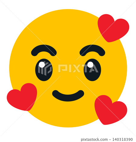 Cute love smiley face illustration with red hearts, yellow happy reaction icon for social media, romantic message, chat sticker, affection symbol, positive emotion, isolated digital design 140318390