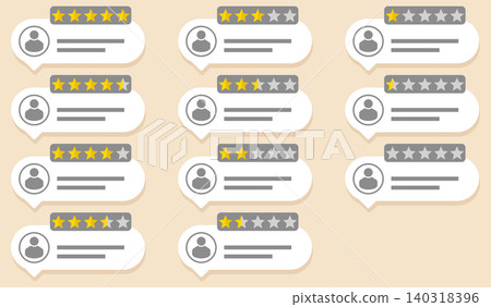 Customer rating review cards illustration with different star scores, user profile icons and feedback text bubbles, online testimonial template for app, website, service quality and survey design Customer rating review cards illustration with different star scores, user profile icons and feedback text bubbles, online testimonial template for app, website, service quality and survey design 140318396
