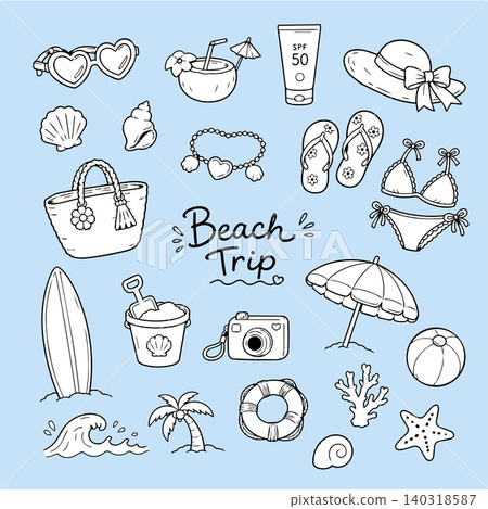 A set of cute, hand-drawn illustrations for a summer beach trip. 140318587