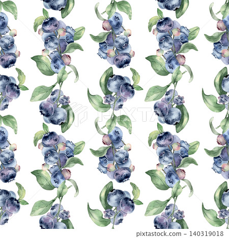 Seamless blueberry bush pattern with hand painted watercolor foliage isolated. Artistic botanical wallpaper with fresh berry for textile design and culinary wrapping paper. Organic food art. Seamless blueberry bush pattern with hand painted watercolor foliage isolated. Artistic botanical wallpaper with fresh berry for textile design and culinary wrapping paper. Organic food art. 140319018