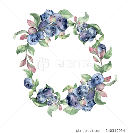 Watercolor wreath of blue blueberry and soft foliage isolated. Illustration of dew drops on berries arranged in circle frame. Fresh ripe fruits drawing for greeting, invitation and stationery design. 140319034