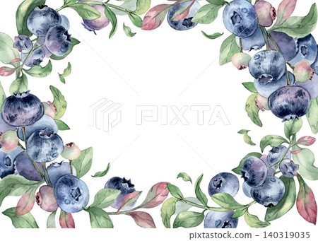 Blueberry watercolor frame with leaves and berries isolated. Botanical illustration border design with fresh garden fruit hand drawn. Fruits and foliage soft colors for invitation and card background. 140319035