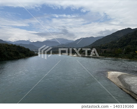 Scenic View of Min River with Distant Mountains in Dujiangyan Scenic View of Min River with Distant Mountains in Dujiangyan 140319160