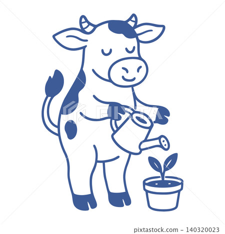 Smiling cow watering plant in simple line art style for agriculture and gardening Smiling cow watering plant in simple line art style for agriculture and gardening 140320023
