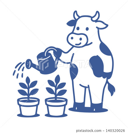 Smiling cow watering plants in flat vector style for agriculture and gardening Smiling cow watering plants in flat vector style for agriculture and gardening 140320026