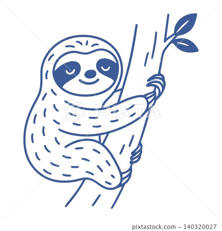 Smiling sloth hanging from branch in blue line art style for sticker or greeting card Smiling sloth hanging from branch in blue line art style for sticker or greeting card 140320027