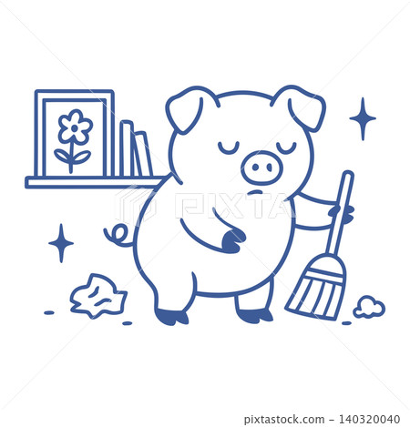 Cleaning pig mascot in line art style for editorial and sticker use Cleaning pig mascot in line art style for editorial and sticker use 140320040