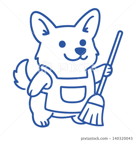 Smiling corgi mascot holding broom in line art style for cleaning service branding Smiling corgi mascot holding broom in line art style for cleaning service branding 140320043