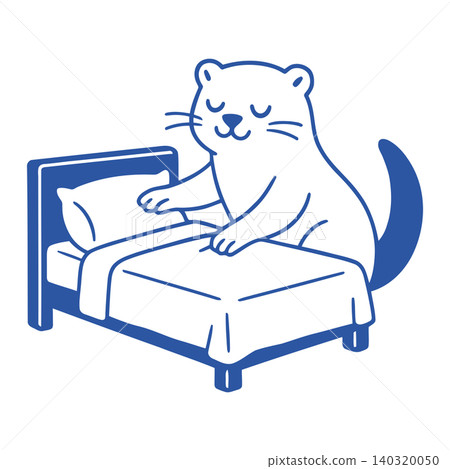 Otter making bed in blue line art style for home decor and editorial 140320050