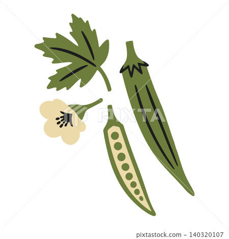 Okra vegetable flat illustration with flower and leaf for food and recipe design Okra vegetable flat illustration with flower and leaf for food and recipe design 140320107