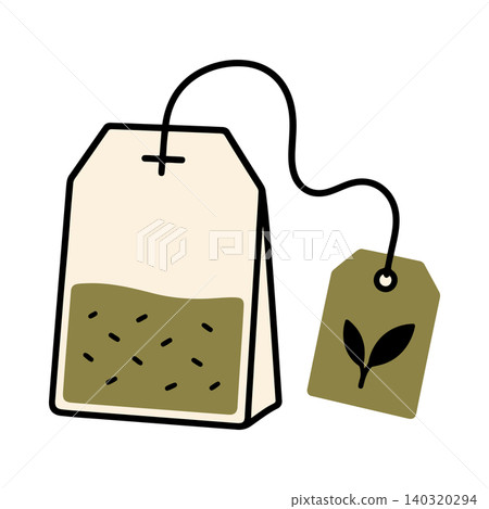 Tea bag and tag illustration in simple line art style for food packaging 140320294