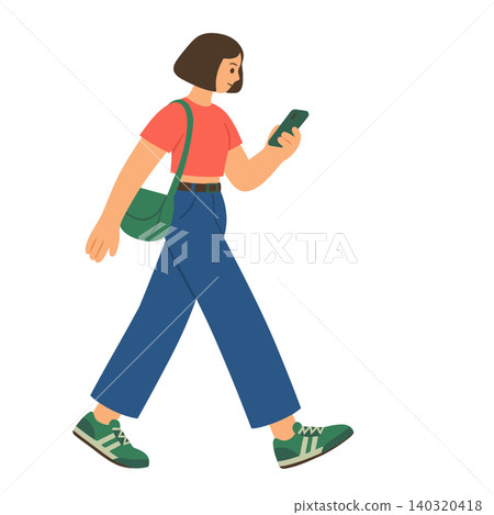 Woman walking with phone in modern flat vector style for editorial and digital media Woman walking with phone in modern flat vector style for editorial and digital media 140320418