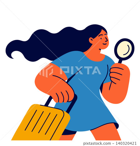 Woman with luggage and magnifying glass in modern flat vector style for travel and adventure Woman with luggage and magnifying glass in modern flat vector style for travel and adventure 140320421