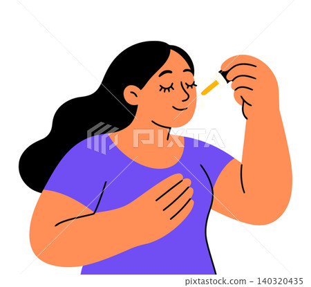 Woman applying nasal drops in modern flat vector style for health and wellness 140320435