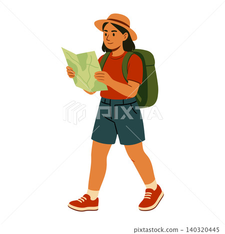Woman hiking with map in modern flat vector style for travel and outdoor branding Woman hiking with map in modern flat vector style for travel and outdoor branding 140320445