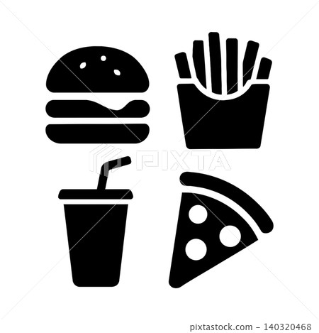 Fast food icons in flat black vector style for menu design and branding Fast food icons in flat black vector style for menu design and branding 140320468