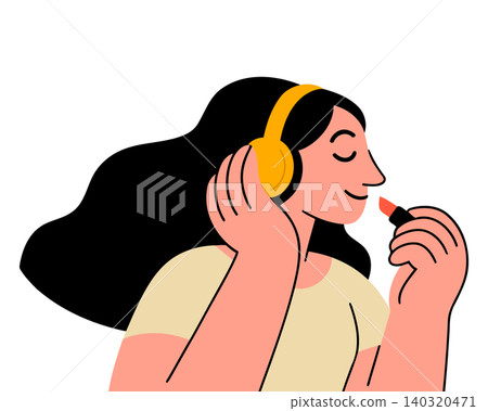 Woman applying lipstick while listening to music in modern flat vector style for beauty Woman applying lipstick while listening to music in modern flat vector style for beauty 140320471