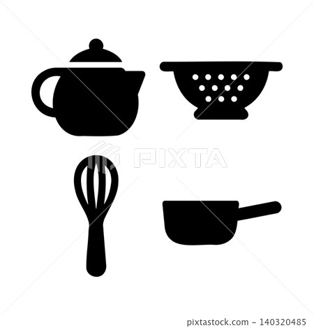 Kitchen utensil icons in flat black silhouette style for cooking and recipe design 140320485