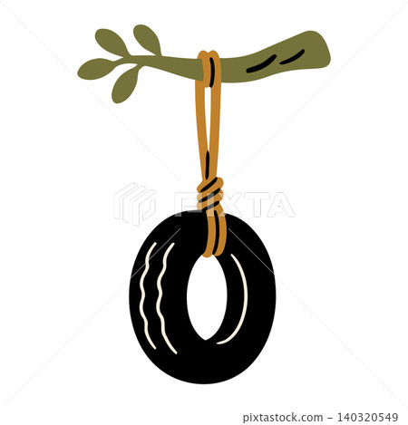 Tire swing hanging from tree branch in simple flat vector style for outdoor play equipment and kids Tire swing hanging from tree branch in simple flat vector style for outdoor play equipment and kids 140320549