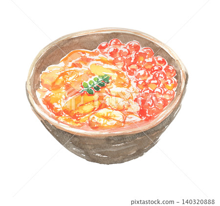 一幅水彩插畫,描繪了一碗海膽和鮭魚籽飯。 一幅水彩插畫,描繪了一碗海膽和鮭魚籽飯。 140320888