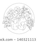 A breakfast of scrambled eggs, fresh tomatoes, mushrooms, fried vegetables, and a sprig of dill. Food on a plate in doodle style.  140321113