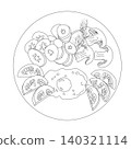 A breakfast of scrambled eggs, fresh tomatoes, mushrooms, fried vegetables, and a sprig of dill. Food on a plate in doodle style.  140321114
