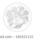A breakfast of scrambled eggs, fresh tomatoes, mushrooms, fried vegetables, and a sprig of dill. Food on a plate in doodle style.  140321115