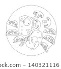A breakfast of scrambled eggs, fresh tomatoes, mushrooms, fried vegetables, and a sprig of dill. Food on a plate in doodle style.  140321116