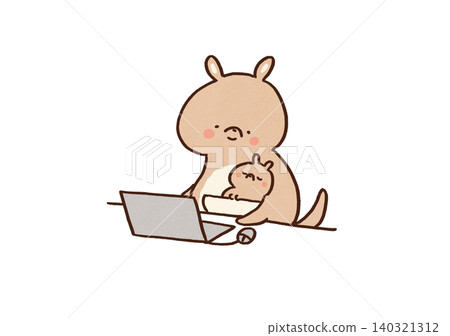 A kangaroo (working mom) works on her PC while watching over her child sleeping in her pocket. 140321312