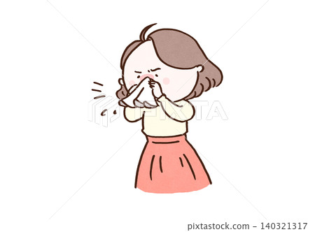 A woman forcefully blowing her nose with a tissue (due to a cold, hay fever, or general malaise). 140321317