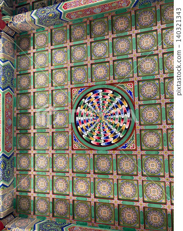 Decorative colored coffered ceilings in traditional architecture in Xi'an, China (Shaanxi Province) 140321343