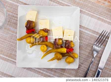 Four gildas, Spanish snack, served on plate Four gildas, Spanish snack, served on plate 140321378