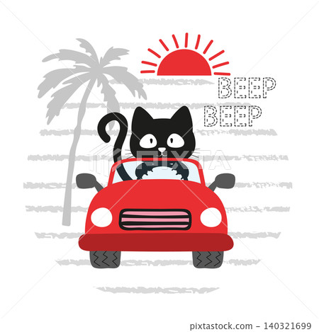 Cute cat in the car. Cartoon childish vector illustration Cute cat in the car. Cartoon childish vector illustration 140321699