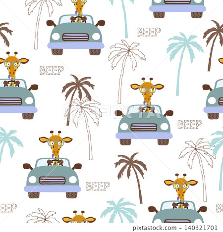 Cute giraffe in the car seamless pattern. Baby print, vector childish background Cute giraffe in the car seamless pattern. Baby print, vector childish background 140321701
