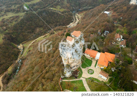 Aerial view of church on top of Katskhi pillar, Georgia 140321820