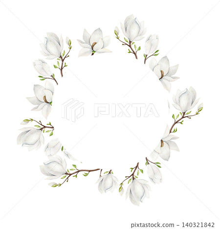 Magnolia branch frame, logo with white flowers. Watercolor hand drawn spring lush blossom with green buds on a tree illustration isolated on background, transparent png. Botanical and wedding clip art Magnolia branch frame, logo with white flowers. Watercolor hand drawn spring lush blossom with green buds on a tree illustration isolated on background, transparent png. Botanical and wedding clip art 140321842