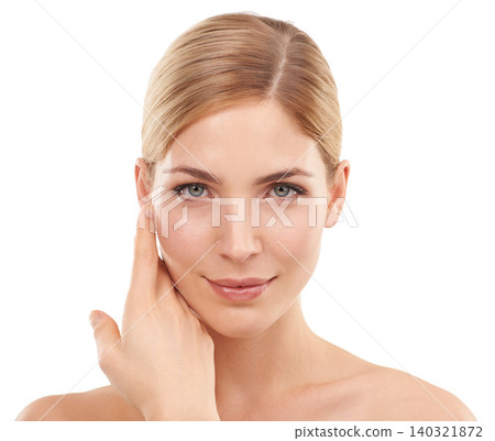 Beauty, dermatology and portrait of woman with skincare, confidence and natural facial glow in studio. Cosmetics, healthy skin and face of girl on white background for luxury care, smile and wellness Beauty, dermatology and portrait of woman with skincare, confidence and natural facial glow in studio. Cosmetics, healthy skin and face of girl on white background for luxury care, smile and wellness 140321872