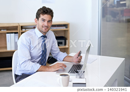 Laptop, smile and portrait of businessman in office for research on finance budget project. Technology, happy and professional financial advisor working on company account with computer in workplace. Laptop, smile and portrait of businessman in office for research on finance budget project. Technology, happy and professional financial advisor working on company account with computer in workplace. 140321941