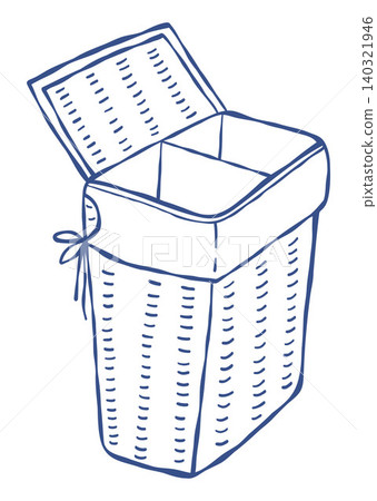 Jute Storage Basket for Laundry. Large Open Woven Organizer for Home Organization. Sustainable Zero Waste Lifestyle. Outline Blue Hand Drawn Doodle. Vector Illustration. 140321946