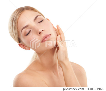 Beauty, cosmetics and relax with woman in studio for skincare, mockup and natural facial. Dermatology, healthy skin and face of girl on white background space with self care, glow and wellness. Beauty, cosmetics and relax with woman in studio for skincare, mockup and natural facial. Dermatology, healthy skin and face of girl on white background space with self care, glow and wellness. 140321966