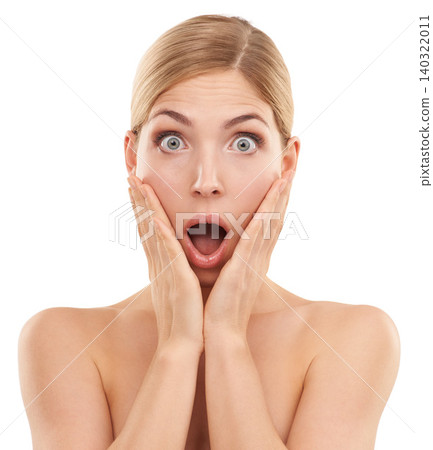 Studio, portrait and beauty for surprised woman on white background, cosmetics and makeup for face of girl. Female person, shocked and expression for results of aesthetic, dermatology and treatment 140322011