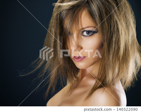Makeup, beauty and portrait of woman in studio with cosmetic, colorful and face routine. Edgy, trendy and young female person with facial cosmetology treatment isolated by dark black background. Makeup, beauty and portrait of woman in studio with cosmetic, colorful and face routine. Edgy, trendy and young female person with facial cosmetology treatment isolated by dark black background. 140322090