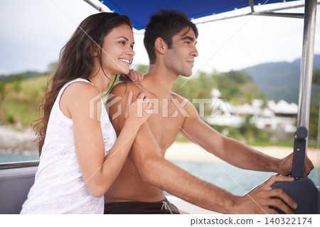 Couple, boat and driving on sea holiday to explore water on vacation adventure or sailing, travel or steering wheel. Man, woman and happy in Hawaii or outdoor journey or coast, transportation or trip Couple, boat and driving on sea holiday to explore water on vacation adventure or sailing, travel or steering wheel. Man, woman and happy in Hawaii or outdoor journey or coast, transportation or trip 140322174