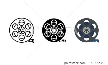 Film reel and movie tape icon set outline silhouette and color vector isolated on white background 140322355